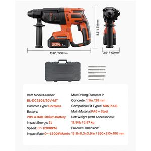 Trapano a percussione rotativo a batteria agli ioni di litio da 20V senza spazzole # # # #   Kit di Utensili Elettrici # # # #   Leggero # # # #   SDS Plus" - Product Image 4