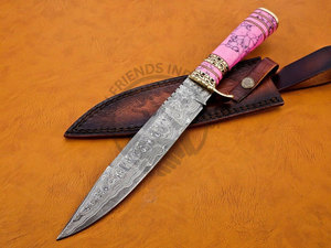 Nouvelle édition personnalisable, couteau de chasse Bowie en acier Damas de 13 pouces, manche en laiton avec pierre rose, lame fixe, couteau de camping, couteau de survie - Product Image 2