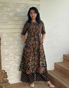 Women's Rayon Viscose Straight Printed <b>Kurta</b> with Palazzo Elbow Length Sleeve Kurti Set Close Neck with Back Slit Soft - Product Image 1