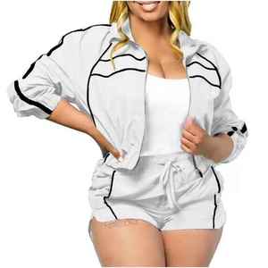 Ensemble de survêtement sportif deux pièces blanc pour femme avec fermeture éclair et bordure noire, short et veste amples, tenue décontractée printemps-été - Product Image 1