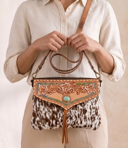 Cowhide Genuine Leather Fashion Shoulder Bag Floral Embossed Cow Pattern Two Straps <b>Large</b> Capacity Crossbody Purse for Women - Product Image 2
