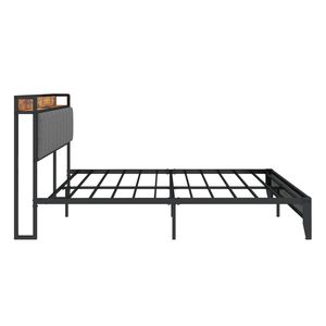 Full Size <b>Bed</b> <b>Frame</b> with Grey Metal <b>Platform</b> Up-Holstered Headboard Integrated Charging Station - Product Image 5