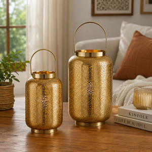 K GOLDEN <b>BRASS</b> Vintage Decorative Handmade Metal Hurricane <b>Lantern</b> Candle Holder Set Rustic for Living Room Patio Home - Product Image 5