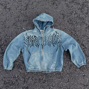 Sweat à capuche vintage personnalisé en denim, coupe ample, en coton épais délavé, avec fermeture éclair, style streetwear décontracté - Product Image 4