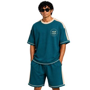 Teal Blue Mens Oversized T Shirt And Shorts <b>Set</b> Beige Contrast Panels Custom Logo Crew Neck Casual Streetwear Wholesale Supplier - Product Image 1