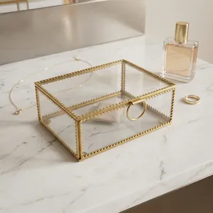 Artisan Design B79 Rectangular Glass Jewelry Box with Brass Frame and Ring Handle Modern Storage Organizer for <b>Bedroom</b> <b>Vanity</b> - Product Image 2