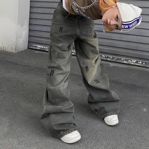 Low Rise Baggy Denim <b>Jeans</b> Women Casual Breathable Loose Wide Leg Color Block Contrast Letter Print Summer - Product Image 5