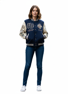 Veste universitaire Urban Odyssey pour homme, bleu marine et crème, avec logo loup brodé, style preppy, manteau d'automne - Product Image 2