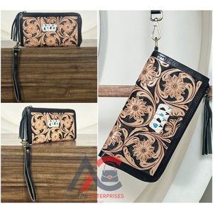 Cartera de Cuero Genuino con Diseño Floral y Cremallera, Correa de Muñeca, Tarjetero, Bolsos de Mano para Dama, Directo de Fábrica 2026 - Product Image 1