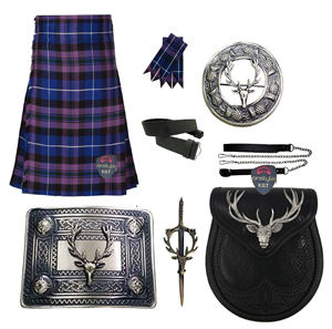 Ensemble complet de 8 pièces pour kilt écossais avec kilt traditionnel, accessoires en cuir tête de cerf et ensemble de franges - Product Image 1