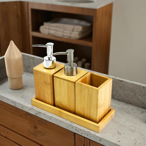 Ensemble de rangement de salle de bain de luxe écologique en bois, design carré et fin, trois pièces, nouveau design, décoratif, avec porte-savon - Product Image 4