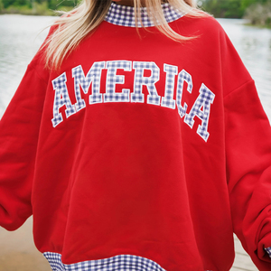 Sweat-shirt bicolore à col montant avec patchs brodés contrastants à carreaux Gingham, fabriqué aux États-Unis - Product Image 4