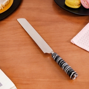 Ensemble de 2 couverts de service à dessert contemporains en acier poli, couteau à pâtisserie et spatule à motif tourbillonnant pour banquets - Product Image 2