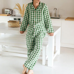 Vêtements de nuit en coton, pyjama à col en V à carreaux, ensemble de pyjama pour homme, chemise de nuit pour homme, vêtements de détente - Product Image 2