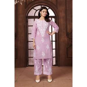 ATRACTIVO ALGODÓN POLLO BORDADO TRABAJO KURTI PALAZZO BEBÉ ROSA - Product Image 1