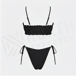 NORTH APPROACH Ensemble bikini bandeau noir à volants pour femme, 2 pièces, bas string, maillot de bain extensible, couleur unie, tricoté - Product Image 2