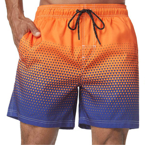 Men's Orange Blue Gradient Geometric Pattern Quick Dry Polyester Board Shorts Mid Waist Drawstring Swim Trunks - Product Image 2
