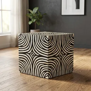 Mesa Auxiliar de Madera Hecha a Mano con Incrustaciones de Hueso, Patrón Concéntrico Blanco y Negro, Mueble Decorativo para Sala de Estar - Product Image 4