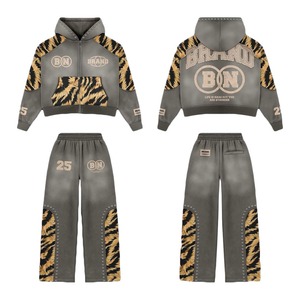 Ensemble survêtement streetwear homme personnalisé, imprimé tigre, sweat à capuche zippé et pantalon de jogging, coton molletonné vintage délavé, ensemble 2 pièces - Product Image 4