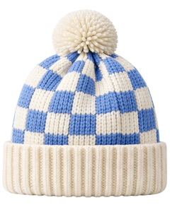 Gorro de Punto Personalizado a Cuadros Azules y Blancos, Gorro de Invierno Cálido con Pompón, Gorro de Punto Grueso Unisex, Gorro con Logo Personalizado, Proveedor OEM - Product Image 1