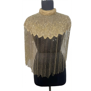 Capa de hombro nupcial de nailon con cuentas de cristal dorado Ellora, chal con flecos y borlas para boda, superposición para vestido de noche con cuello alto para mujer - Product Image 1