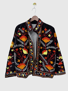 Hand Embroidered Floral Velvet Quilted Jacket Full Sleeve Mandarin Collar Plus Size Adult Cotton Lining Bohemian Spring Wear - Product Image 1