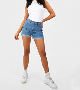 Shorts de mezclilla de cintura alta elásticos para mujer 2026, shorts azules de mezclilla con dobladillo plegado, shorts de mezclilla para mujer - Product Image 3