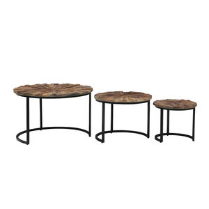 Ensemble de trois tables basses gigognes en bois recyclé massif, plateau rustique, base en métal, finition industrielle noire et naturelle, pour salon - Product Image 3