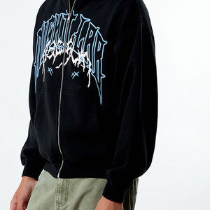 Sudadera con capucha negra de algodón grueso con efecto lavado ácido y estampado gráfico frontal en lámina dorada, estilo streetwear personalizado, hombros caídos, de secado rápido. - Product Image 5