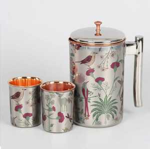 Skies Traders CG05 Engraved Copper Water Jug Lid Two Cups Handmade Rustic Eco Friendly Decorative Traditional Metal <b>Drinkware</b> - Product Image 3