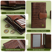WRIZA Tas Kulit Asli untuk Wanita |   Dompet Pola Croco Anti RFID 7 Slot Kartu Dompet Perjalanan Tipis Logo Besar Penggunaan Sehari-hari