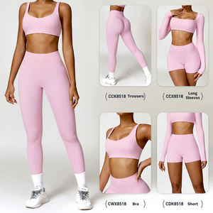 Ensemble de yoga pour femme : Crop top rose à col carré et manches longues, leggings taille haute sans couture, extensible dans les quatre sens, couleur unie - Product Image 4