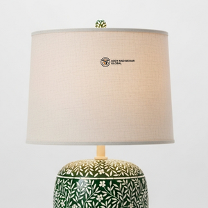 Lampe de table de luxe en os vert incrusté avec abat-jour beige, éclairage floral artisanal pour chevet - Product Image 3