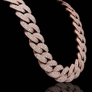 Collier unisexe en argent sterling 925 plaqué or rose avec moissanite sertie griffe, chaîne cubaine pavée, style hip-hop, cadeau - Product Image 3