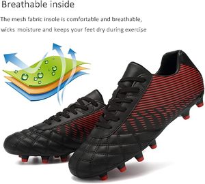 Chaussures de football pour hommes, noires et rouges à rayures, à lacets, avec empeigne synthétique, semelle extérieure en caoutchouc, respirantes, pour sports de plein air - Product Image 3