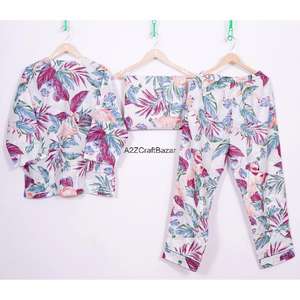 Conjunto de pijama largo de verano 100% algodón para mujer, ropa de dormir sin tejer, top transpirable con cuello en V, pijama para mujeres y niñas - Product Image 6