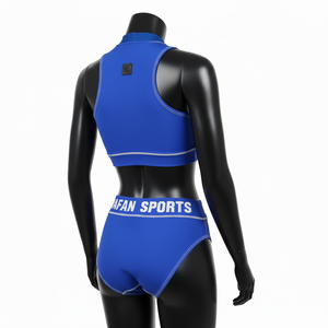 ชุดบิกินี่พรีเมียม 190 GSM ผ้าโพลีเอสเตอร์ผสมสแปนเด็กซ์ สีน้ำเงินรอยัล ผ้าเนื้อยืด ซิปด้านหน้า พร้อมแผ่นโลโก้พิมพ์ลาย สำหรับผู้หญิง - Product Image 2