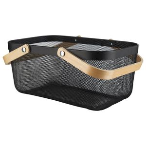 Panier de rangement rustique en fil métallique avec base en bois et poignées en corde, forme ronde, multi-usages, pour l'organisation et l'arrangement - Product Image 4