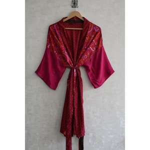 Kimono Largo Boho de Talla Grande, Transpirable, para Otoño, con Parches Florales de Seda, Hecho a Mano, Estampado - Product Image 1