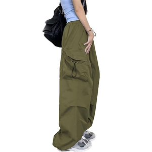 Women's Olive Green Cargo <b>Pants</b> High Waist Loose Fit Drawstring Closure Multi Pockets Casual Style Full Length <b>Pants</b> for Women - Product Image 2