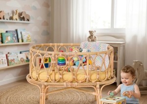 Cuna de bebé artesanal de ratán natural con marco de mimbre tejido a mano y diseño festoneado decorativo para guardería y recién nacidos - Product Image 5