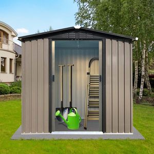 4FTx6FT เก็บของกลางแจ้งพร้อมหลังคาเอเพ็กซ์และประตูบานเลื่อนสีน้ำตาลทนทานและมีสไตล์เพิงและโซลูชันการจัดเก็บ - Product Image 4