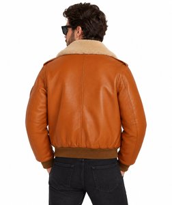 Blouson aviateur en cuir véritable pour homme, col en fausse fourrure, imperméable, respirant, style moto, coupe régulière, épais, coupe-vent, hiver - Product Image 4