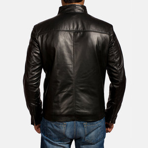 <b>Men</b> Black Genuine Leather Moto <b>Jacket</b> Stand Collar Color Blocking Zipper Closure Slim Fit Autumn Wear - Product Image 5