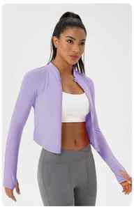 Chaqueta de yoga para mujer, ajustada, de manga larga, lisa, ligera, transpirable, de secado rápido, con cremallera, cuello alto y ribete acanalado, top deportivo. - Product Image 4