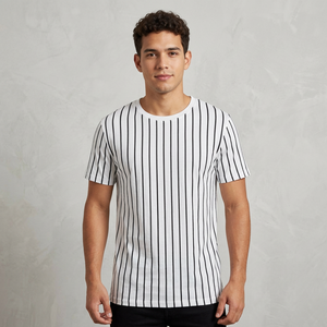 เสื้อยืดคอกลมแขนสั้นลายทางผ้าฝ้ายเจอร์ซีย์สำหรับผู้ชาย ทรงปกติ ระบายอากาศได้ดี ถักทอ สีขาวดำ - Product Image 3