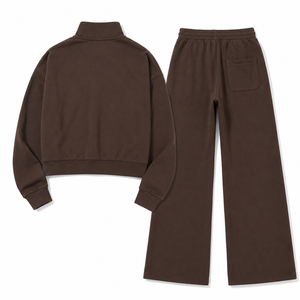 Chocolate Brown Womens Tracksuit Cropped Zip Jacket Flared <b>Wide</b> <b>Leg</b> <b>Pants</b> Custom Logo Casual <b>Lounge</b> Set Wholesale Supplier - Product Image 4