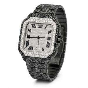 Reloj de Lujo de Dos Tonos con Incrustaciones de Moissanita, Correa de Acero Inoxidable Negra, Esfera Romana, Reloj de Cuarzo para Hombre - Product Image 1
