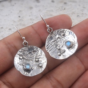 Handmade 925 Sterling Silver Textured Disc Labradorite Dangle Earrings Artisan Boho Gemstone Earrings - Product Image 5