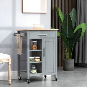Carrello da Cucina Grigio con Ruote, Piano in Legno Massello, Cassetto e Ripiano Portaoggetti per Organizzazione Cucina e Sala da Pranzo - Product Image 2